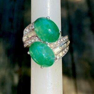 Jomaz Joseph Mazer Vintage Faux Jade Peking Glass 2 Stone Bypass Ring sz6